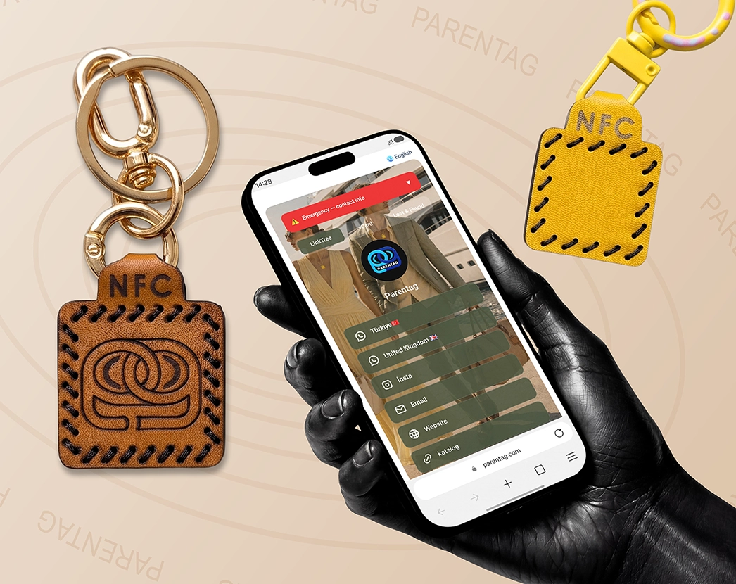 Handcrafted leather Parentag QR tag beside a phone showing its editable digital profile